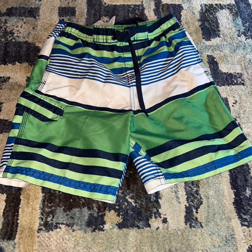 Blue green and white stripe swimming trunks boys size 5/6